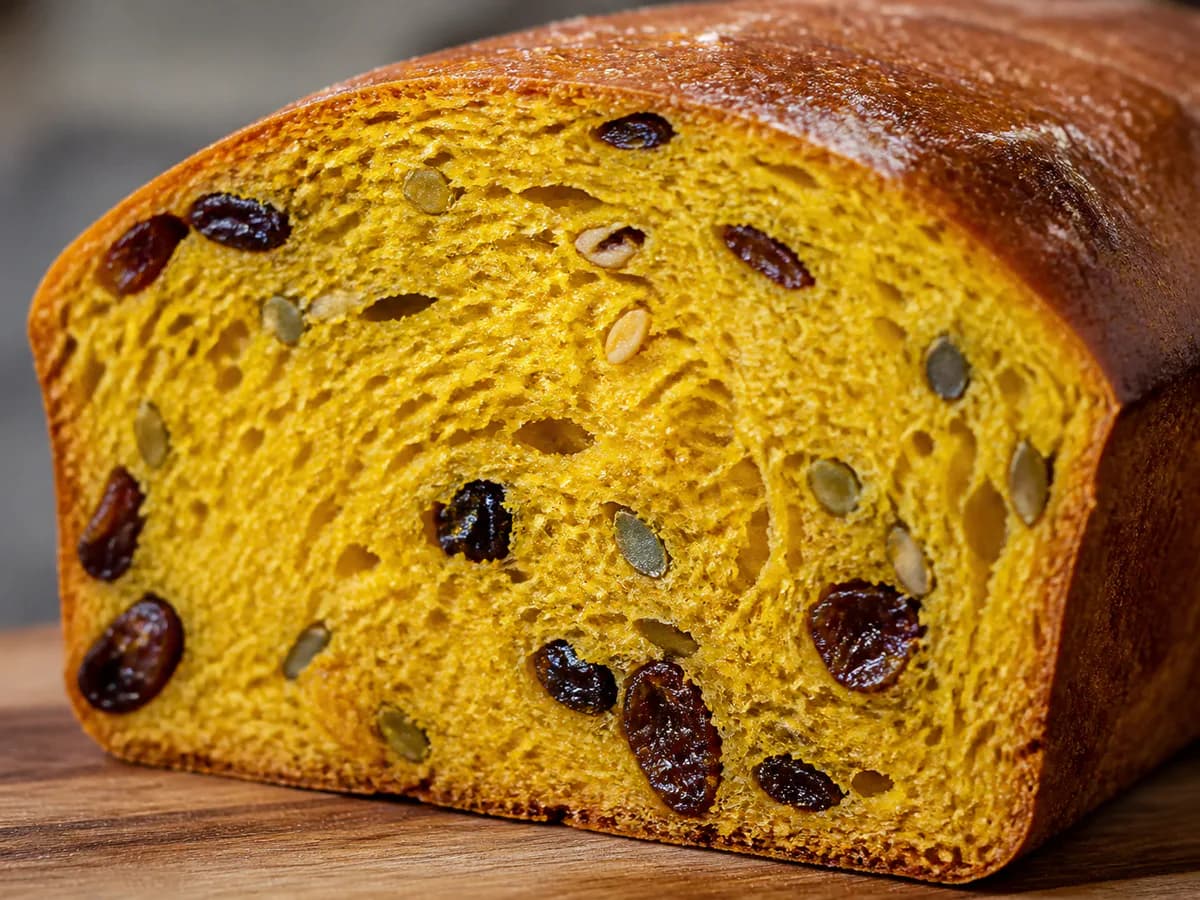 Pormenor de uma porção de Pão de Abóbora com Sementes e Passas