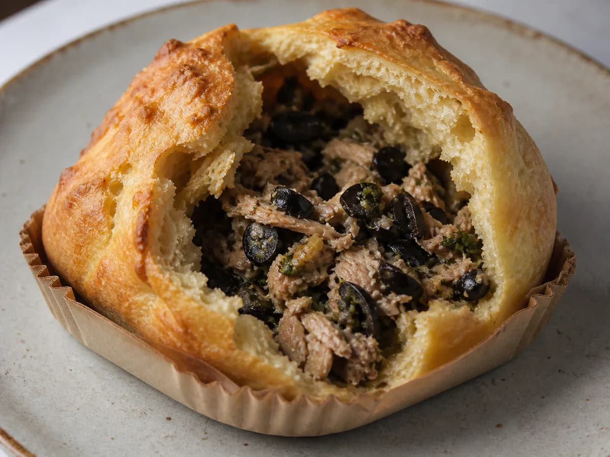 Pormenor de uma porção de Pão de Atum e Azeitonas no Cestinho