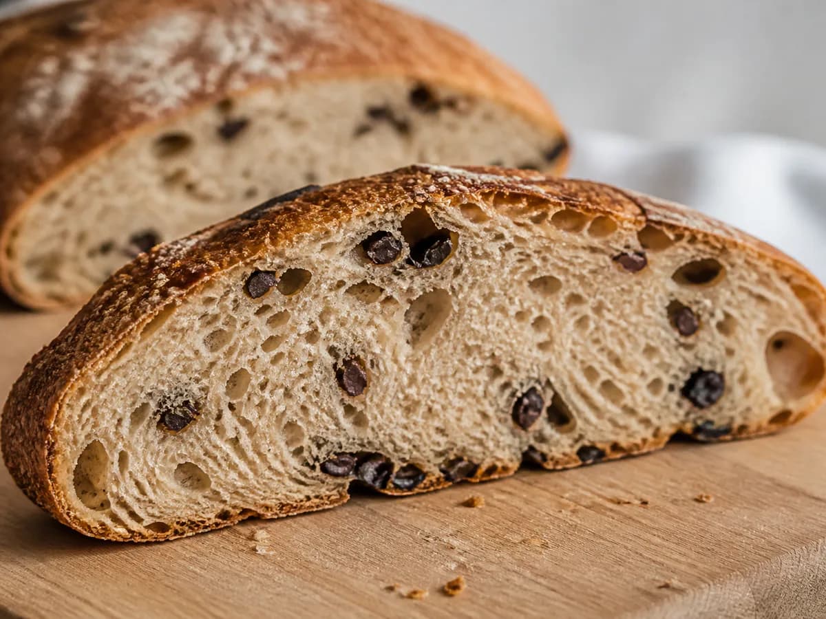 Pormenor de uma porção de Pão de Azeitonas Caseiro