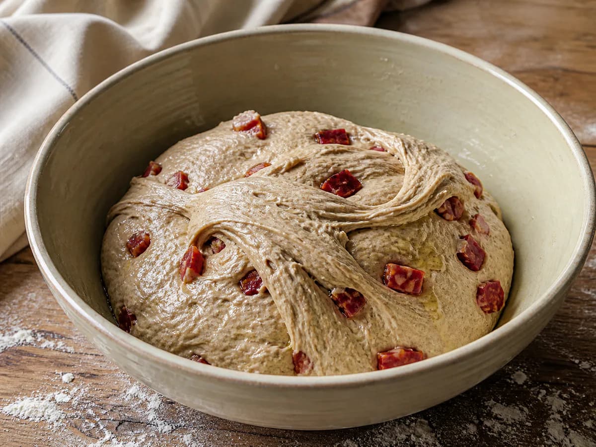 Preparação de Pão de Centeio com Chouriço durante a confeção