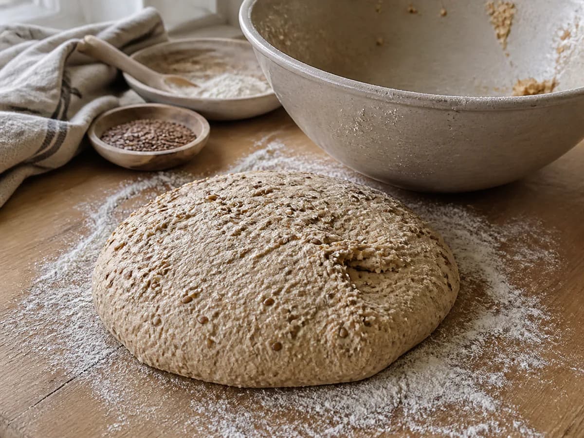 Preparação de Pão de Espelta, Cevada e Trigo Sarraceno com Sementes de Linhaça durante a confeção