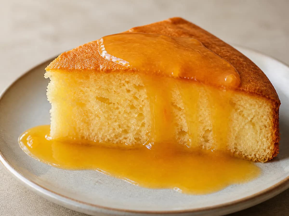 Pormenor de uma porção de Pão de Ló com Molho de Laranja