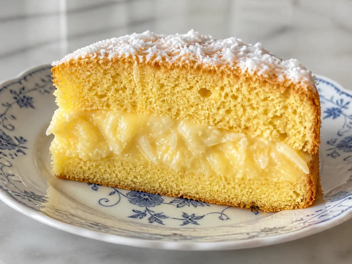 Pormenor de uma porção de Pão de Ló com Recheio de Abacaxi e Coco