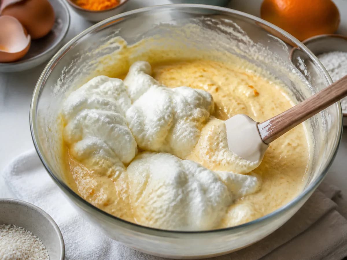 Preparação de Pão de Ló de Laranja e Coco durante a confeção