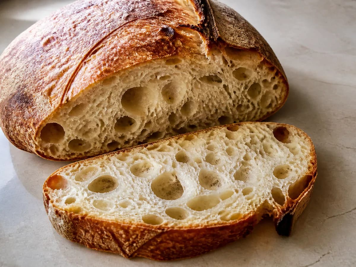 Pormenor de uma porção de Pão Fácil de Massa Mãe