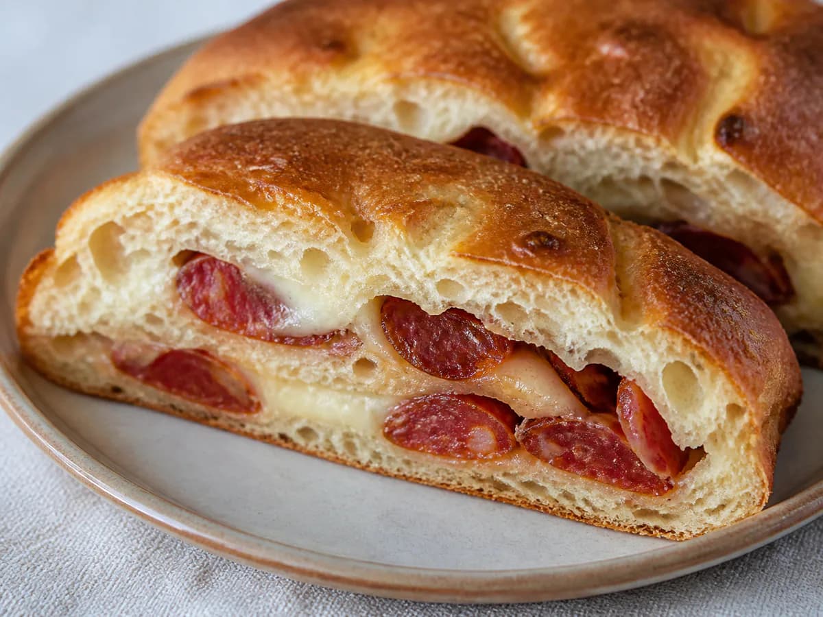 Pormenor de uma porção de Pão Recheado com Chouriço e Queijo