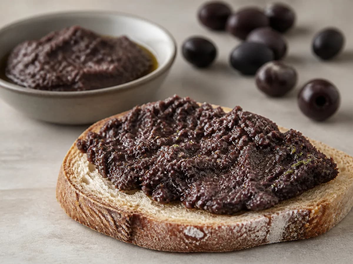 Pormenor de uma porção de Pasta de Azeitonas Preta
