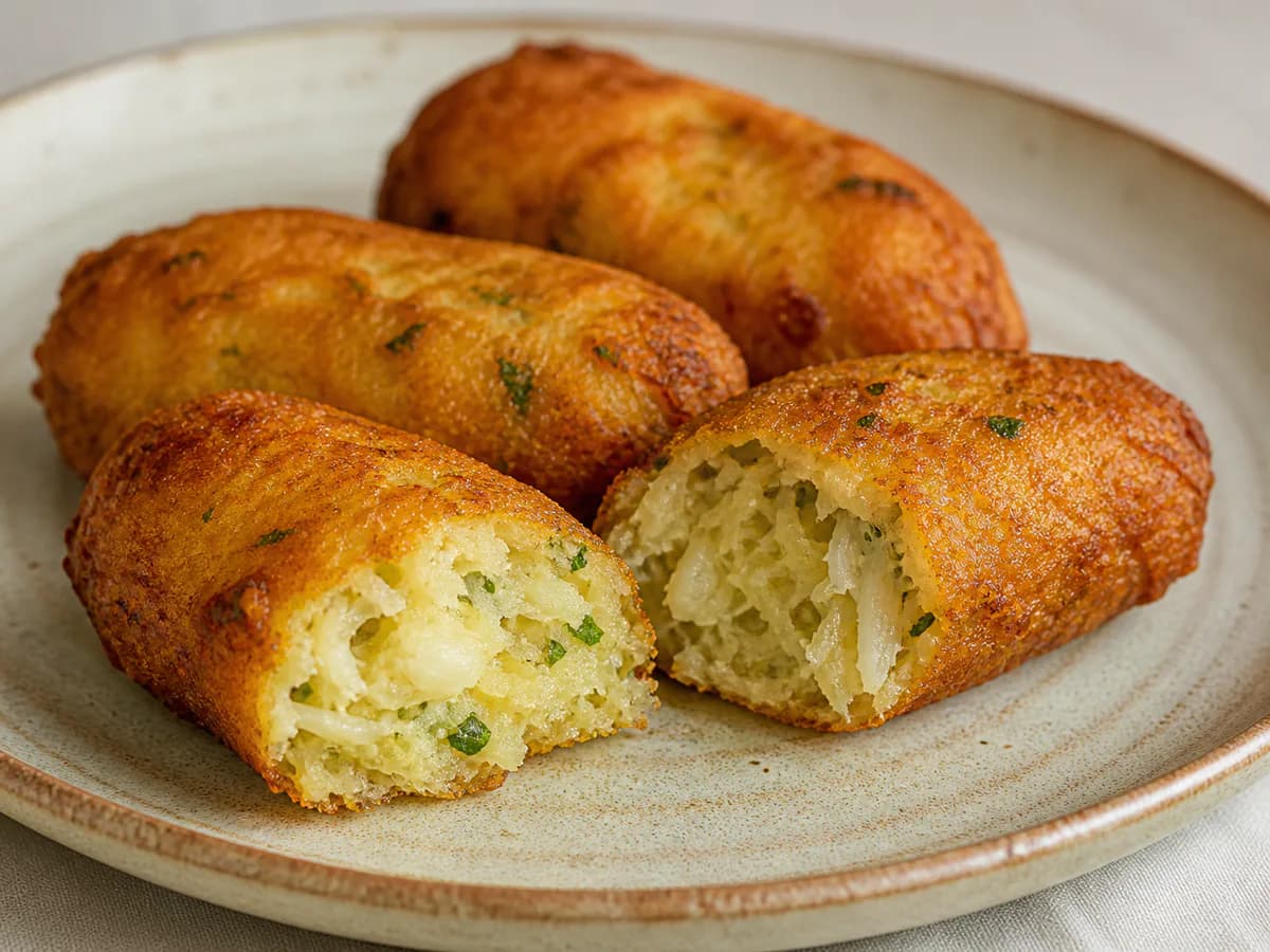 Pormenor de uma porção de Pastéis de Bacalhau