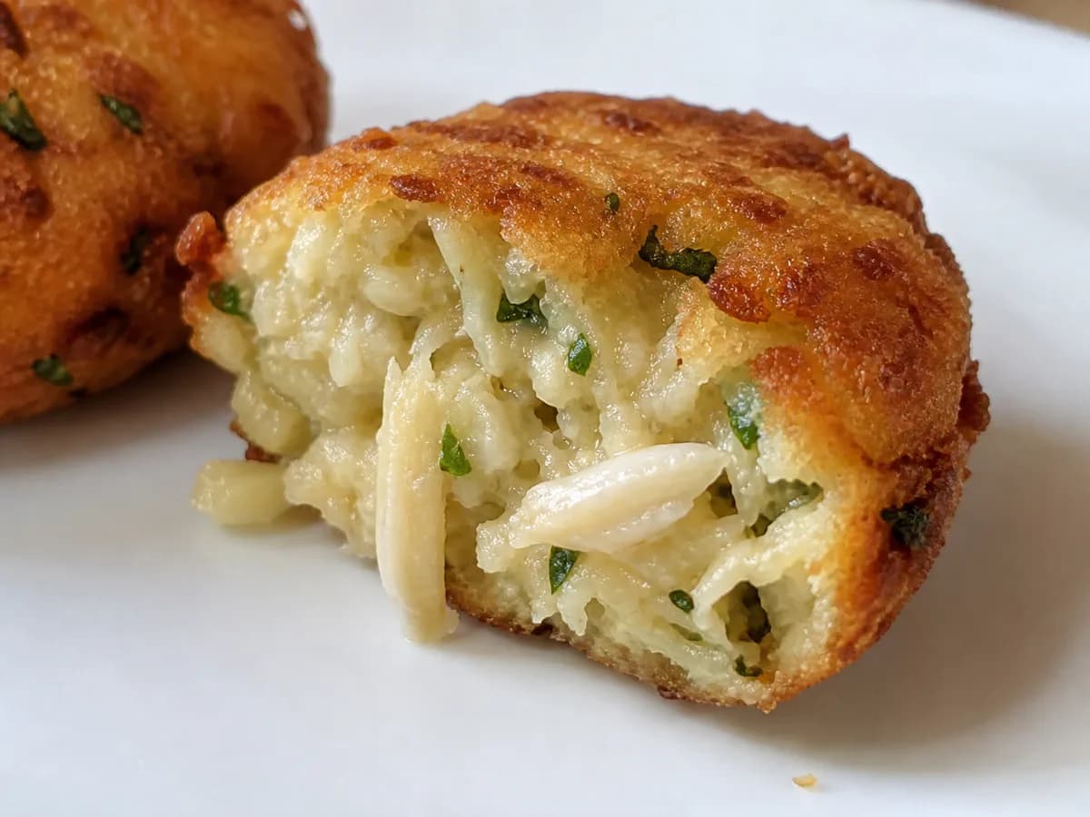 Pormenor de uma porção de Pastéis de Bacalhau com Farinha e Quatro Ovos