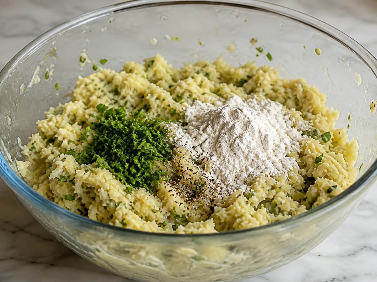 Preparação de Pastéis de Bacalhau com Farinha e Quatro Ovos durante a confeção