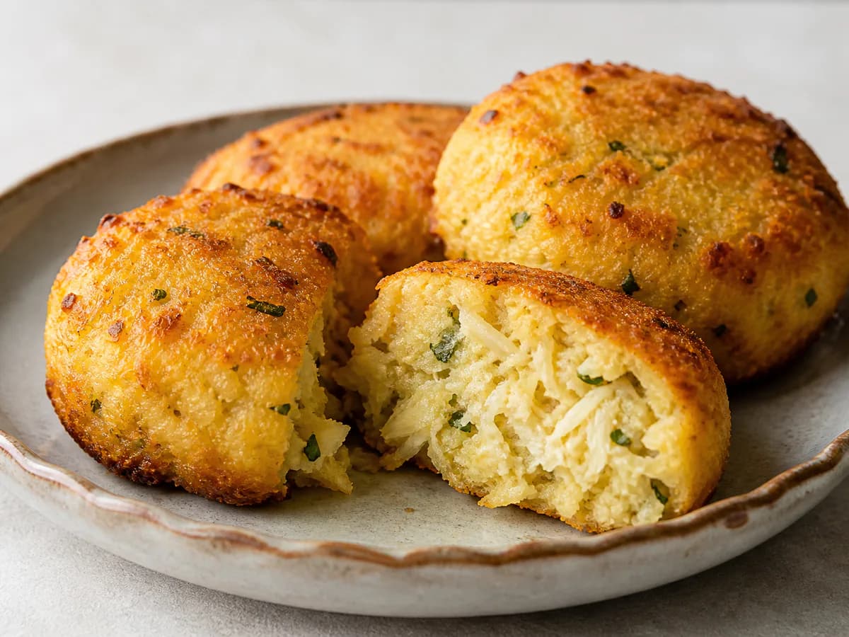 Pormenor de uma porção de Pastéis de Bacalhau no Forno