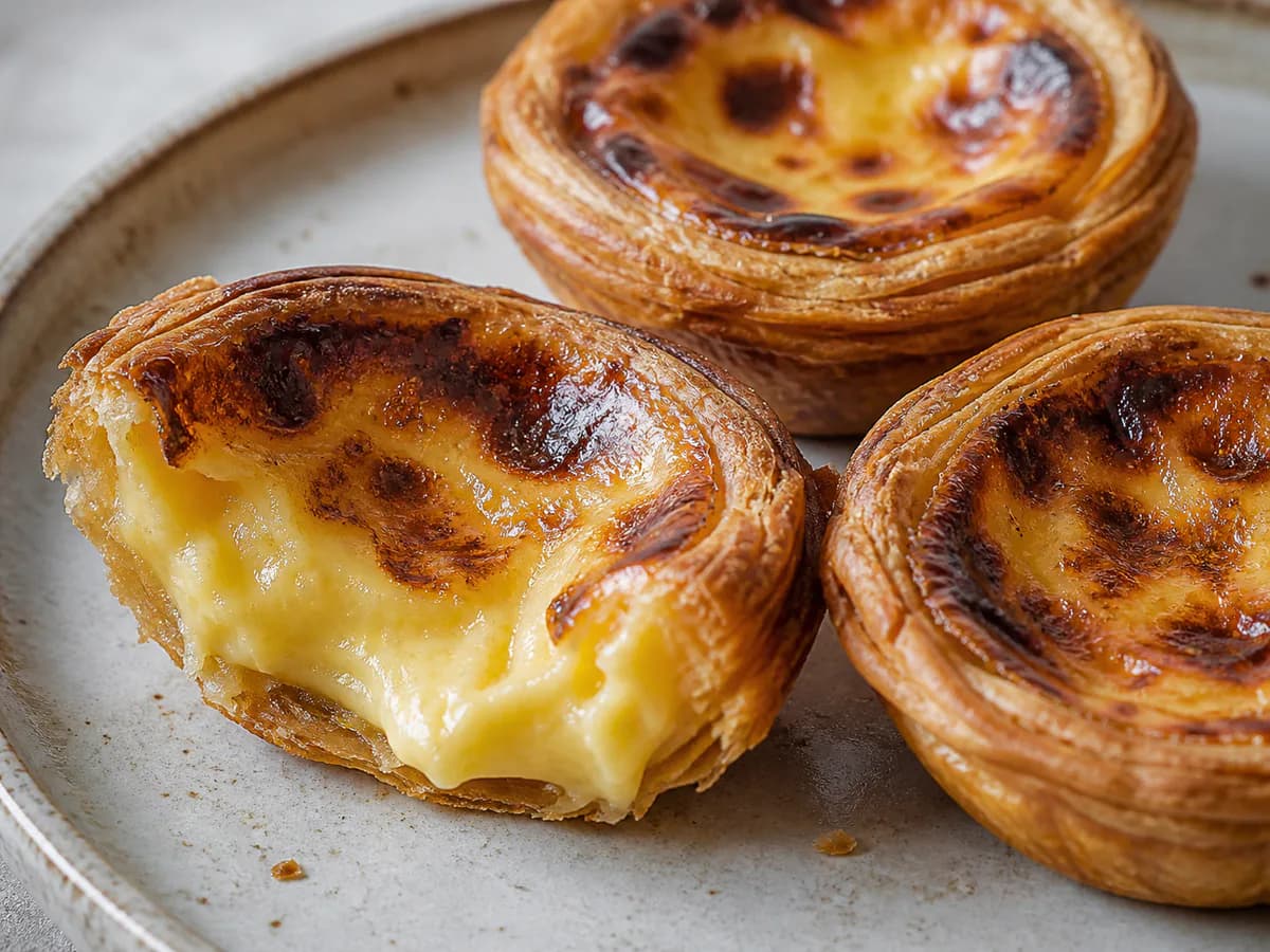Pormenor de uma porção de Pastéis de Nata com Creme Leve de Farinha