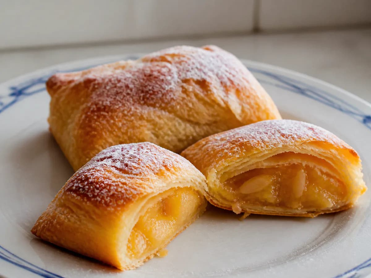 Pormenor de uma porção de Pastéis de Tentúgal com Doce de Ovos com Amêndoa Palitada