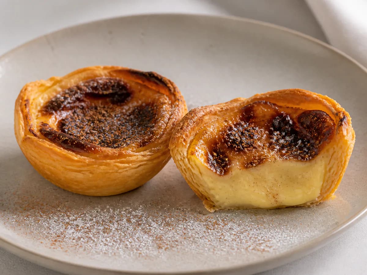 Pormenor de uma porção de Pastéis de Nata com Creme de Amido de Milho