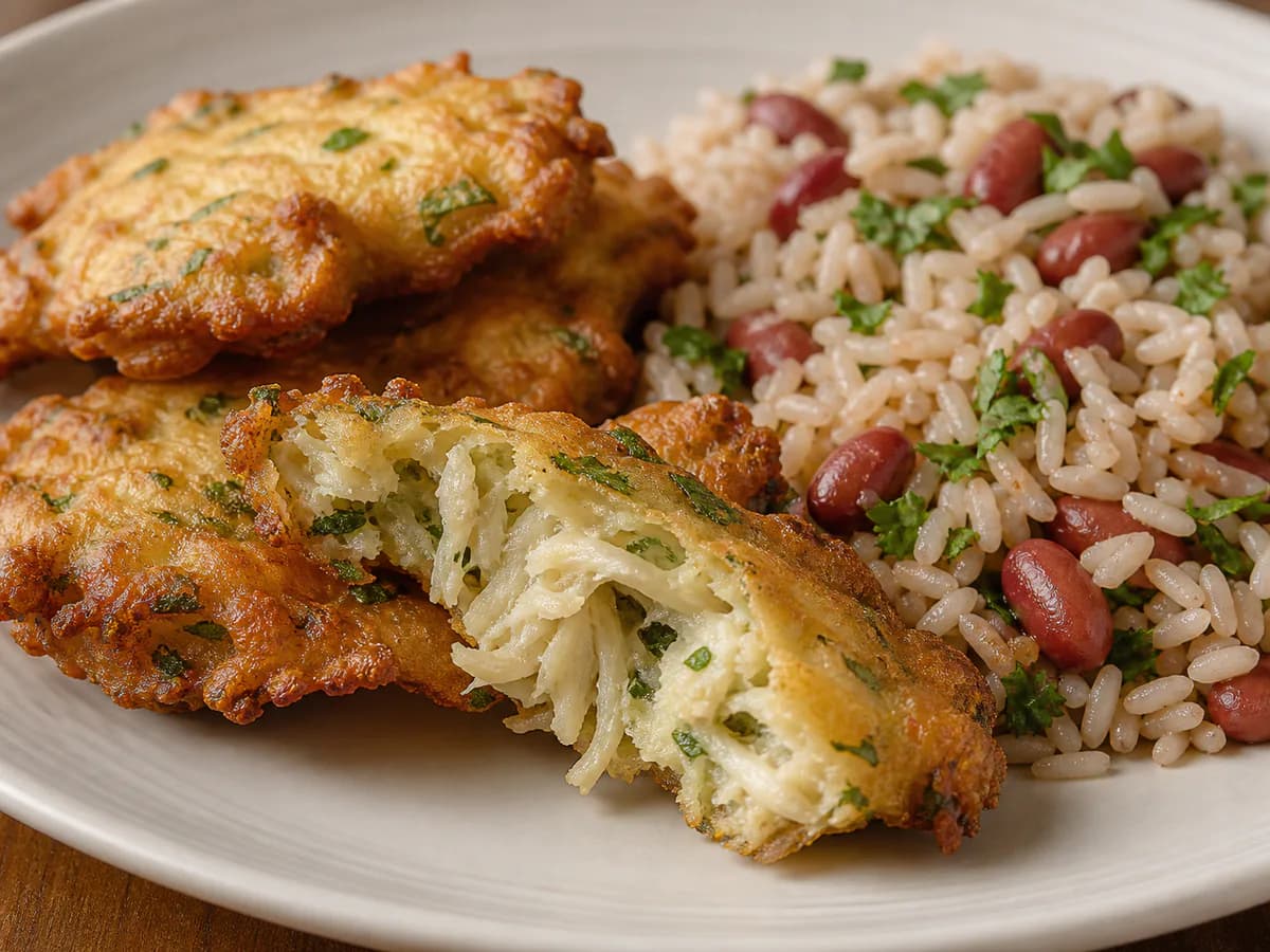 Pormenor de uma porção de Pataniscas com Arroz de Feijão e Coentros