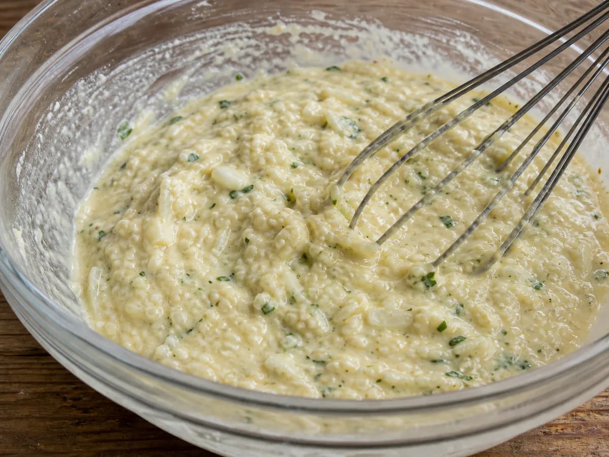 Preparação de Pataniscas de Bacalhau à Portuguesa durante a confeção