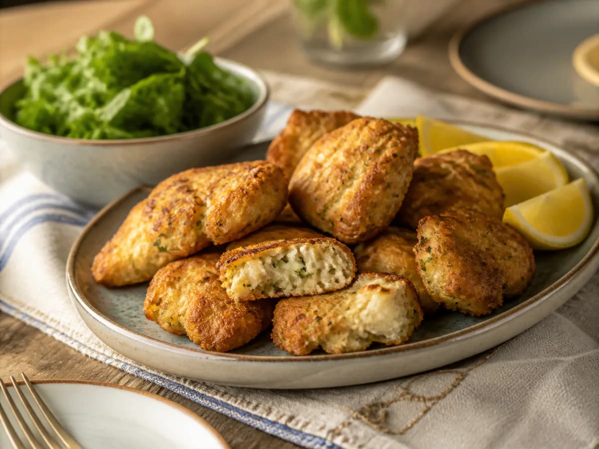 Pormenor de uma porção de Pataniscas de Bacalhau no Forno
