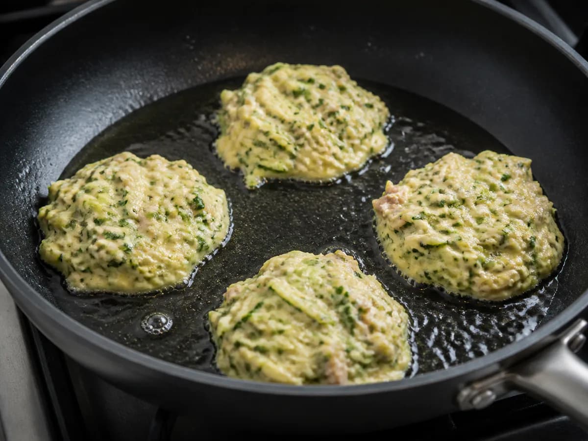 Preparação de Pataniscas de Courgette e Atum durante a confeção