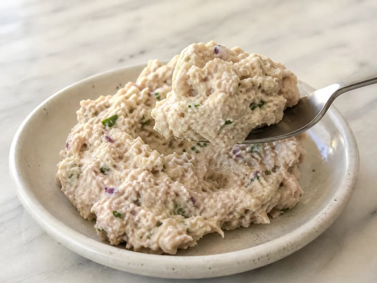 Pormenor de uma porção de Paté de Atum com Natas e Mostarda