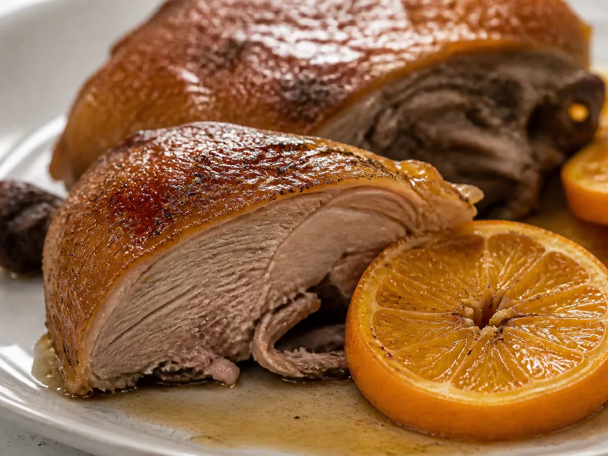 Pormenor de uma porção de Pato Assado no Forno com Laranja