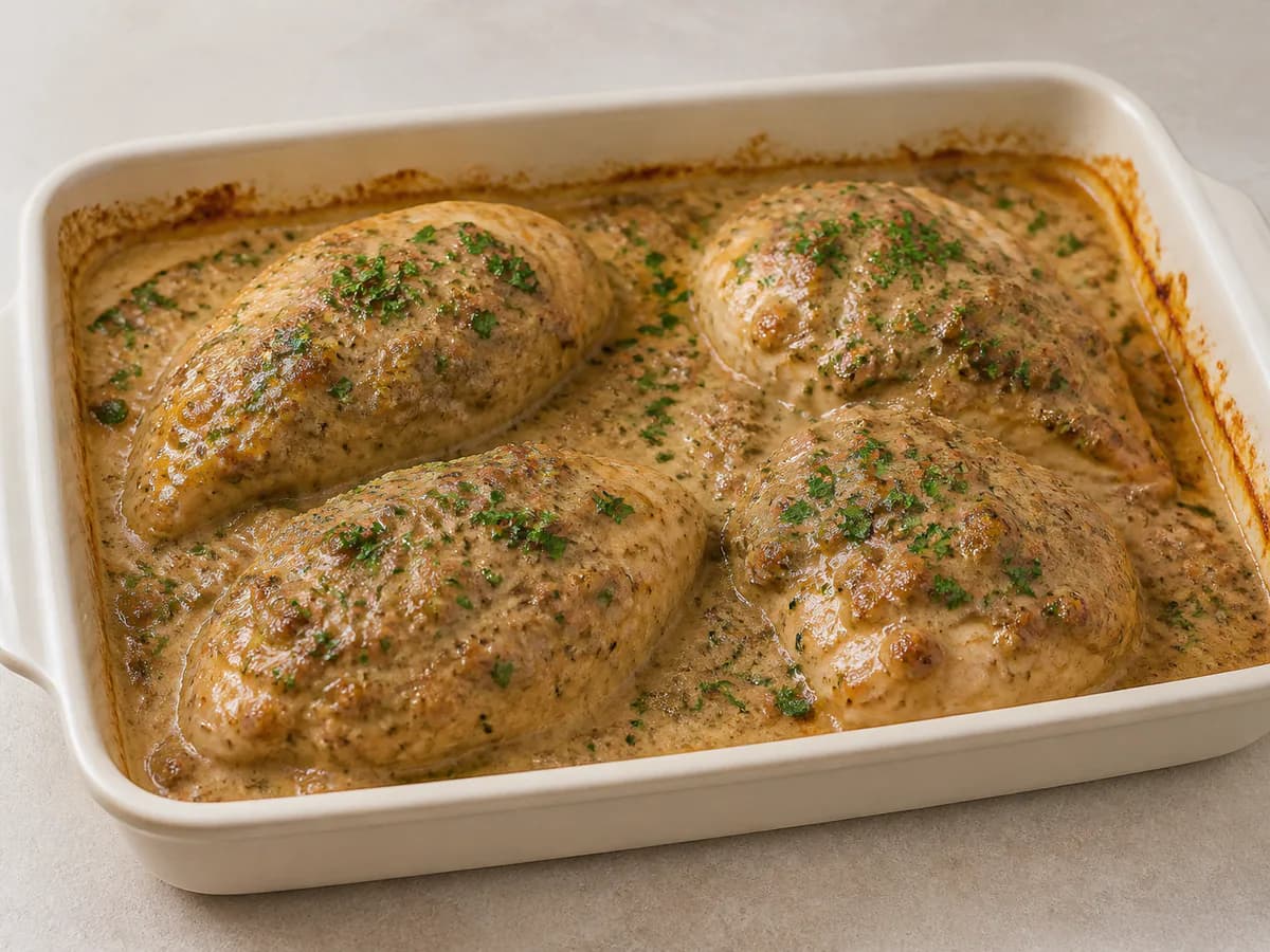 Pormenor de uma porção de Peitos de Frango no Forno com Molho de Farinheira