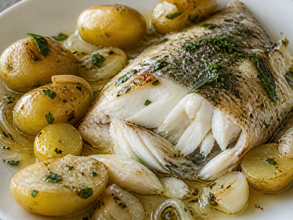 Pormenor de uma porção de Peixe Assado no Forno com Batatinhas