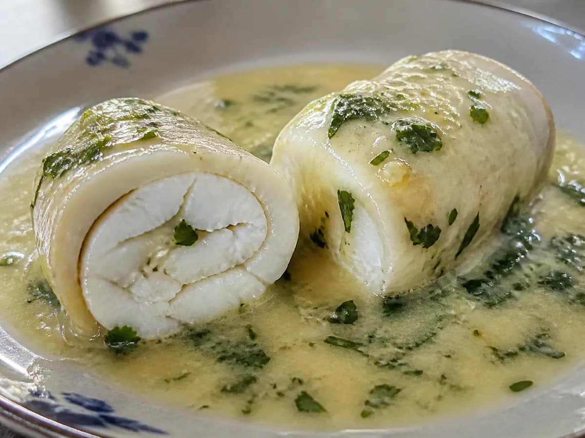 Pormenor de uma porção de Peixe Enrolado com Molho de Limão e Ervas