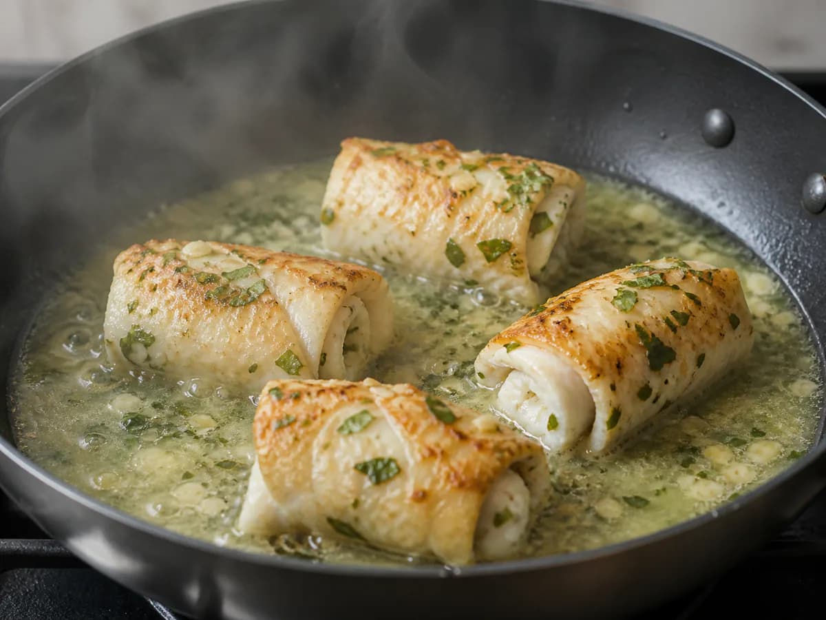 Preparação de Peixe Enrolado com Molho de Limão e Ervas durante a confeção