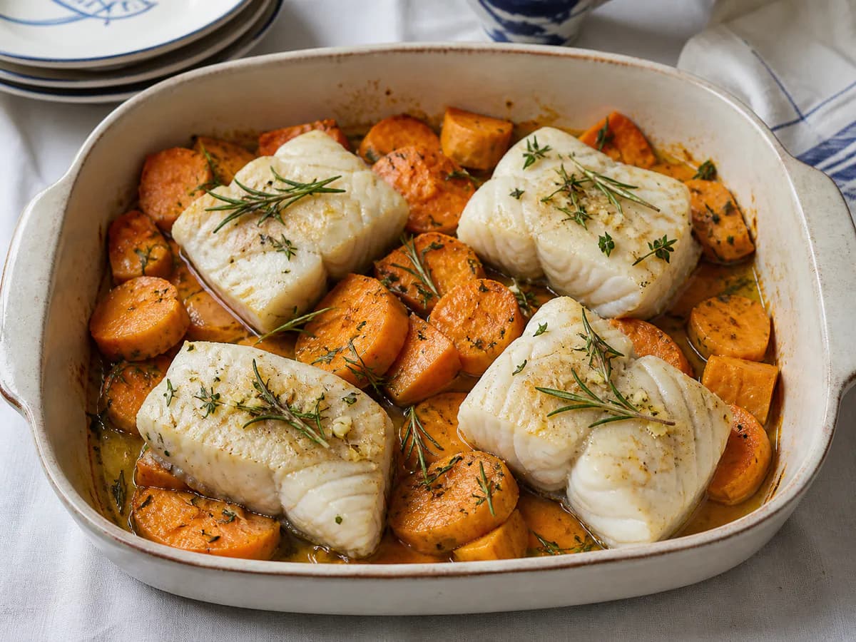 Peixe no Forno com Batata Doce e Ervas Aromáticas