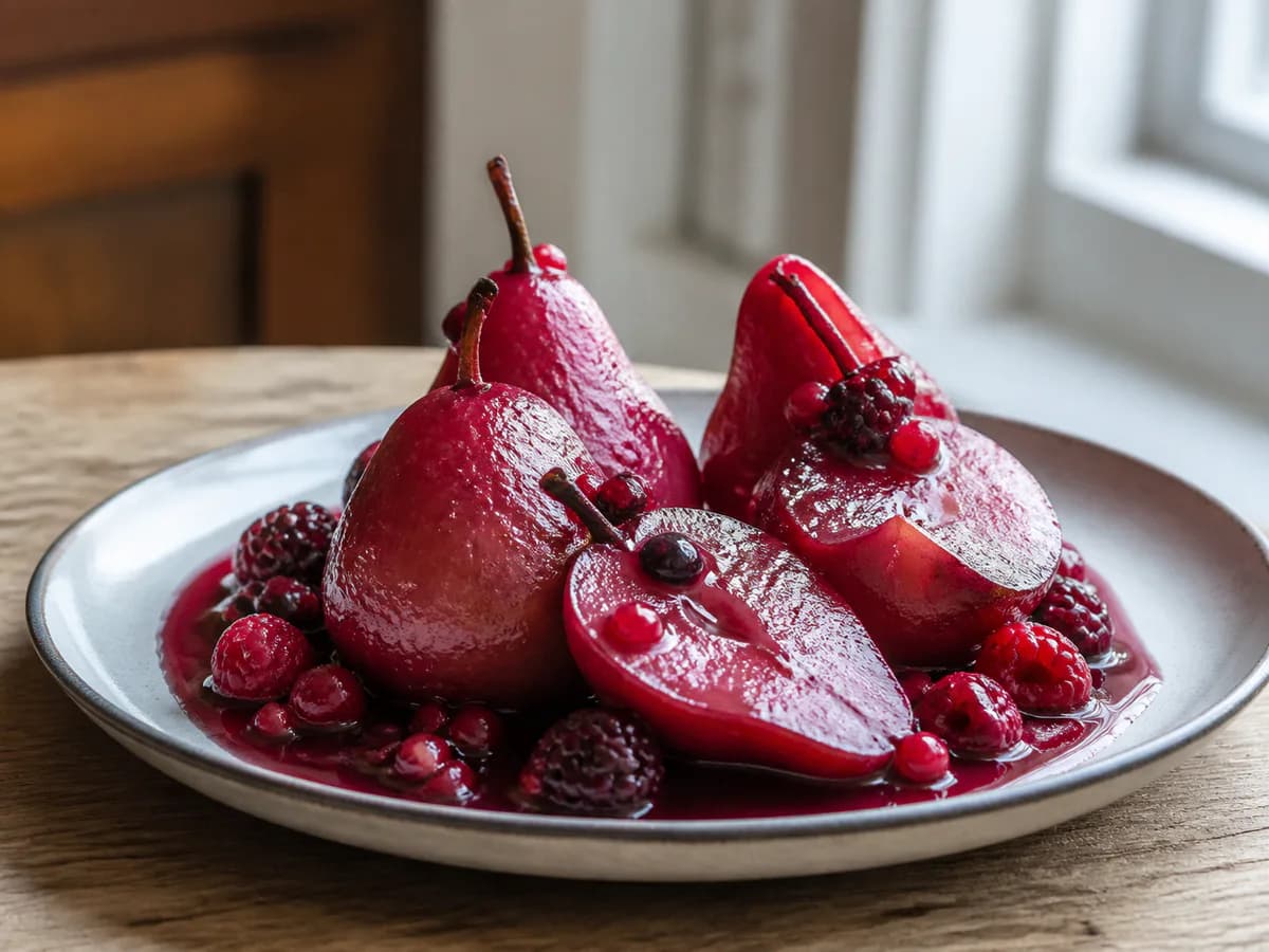 Peras Bêbadas com Frutos Vermelhos