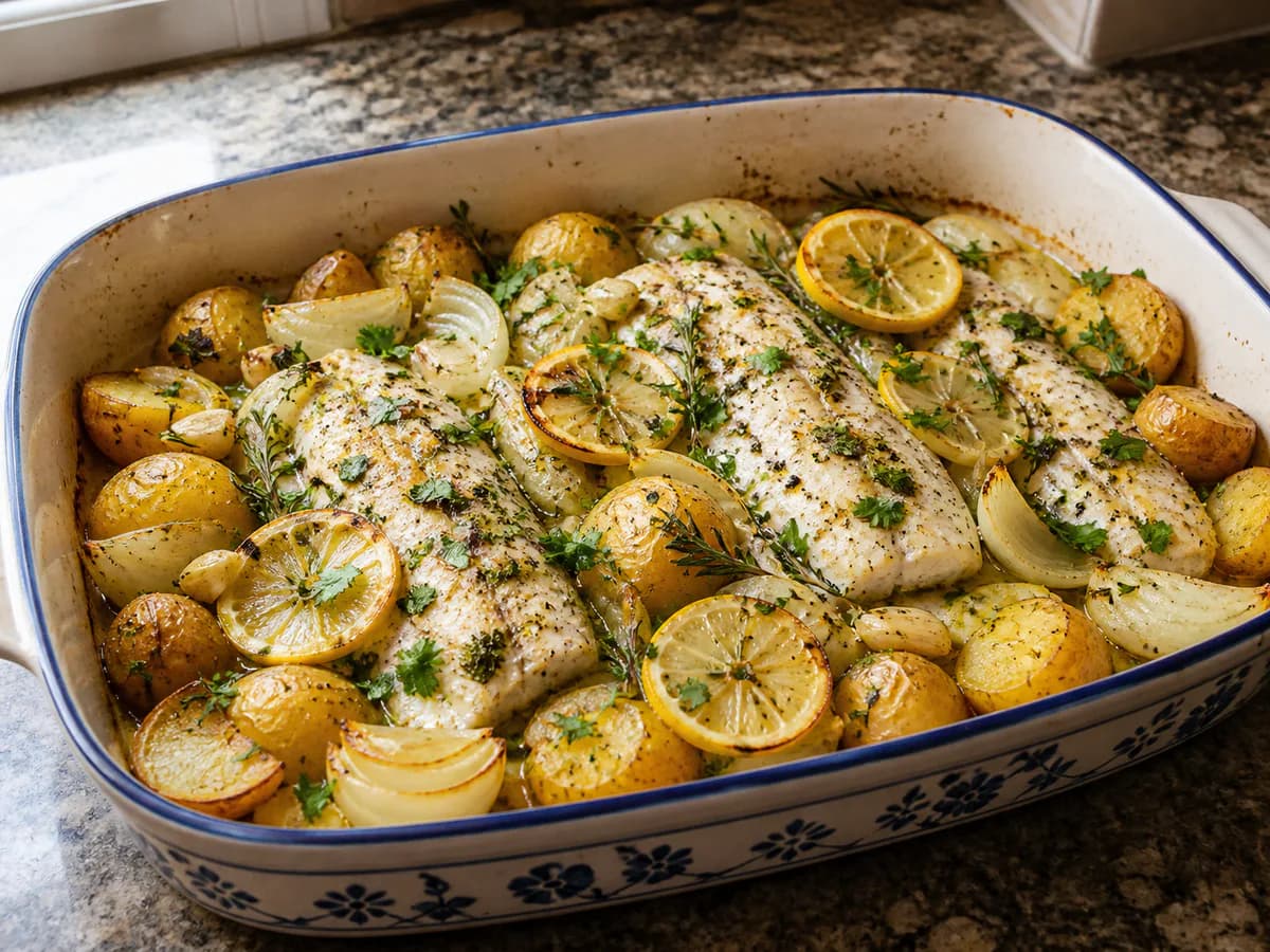 Perca no Forno com Batatas e Ervas Aromáticas