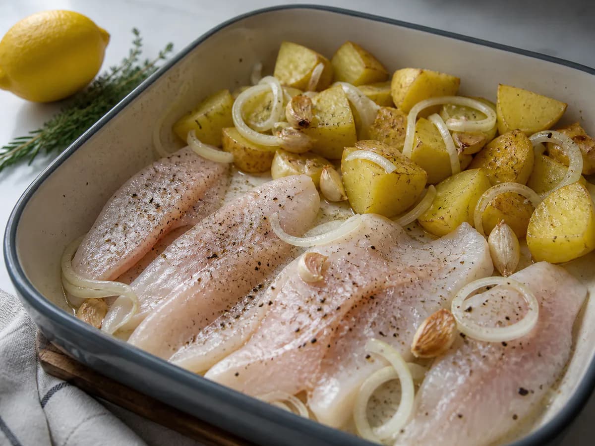Preparação de Perca no Forno com Batatas e Ervas Aromáticas durante a confeção