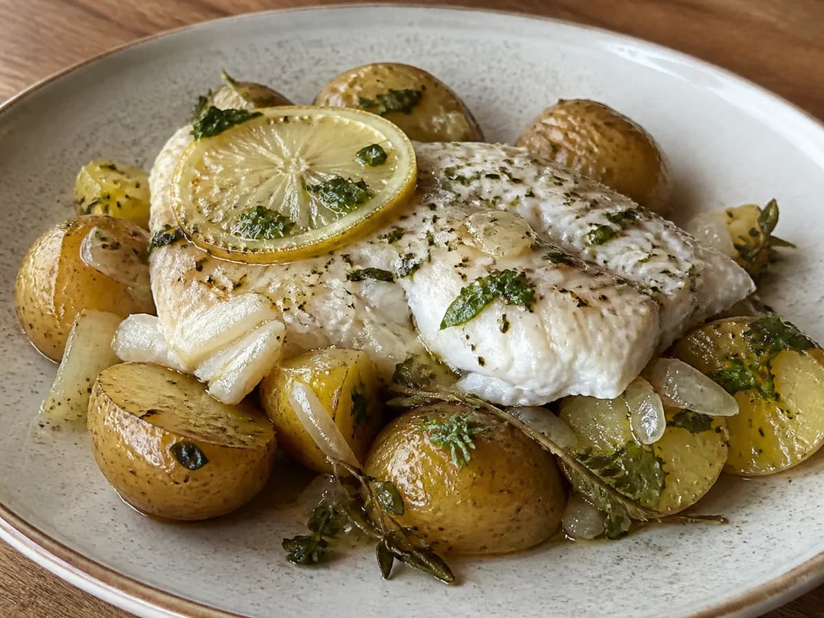 Pormenor de uma porção de Perca no Forno com Batatas e Ervas Aromáticas