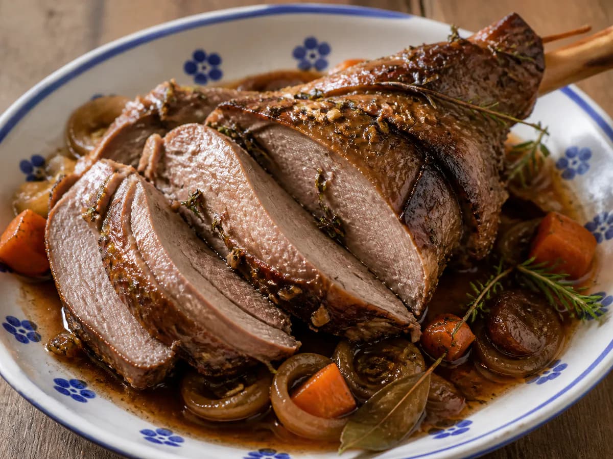 Pormenor de uma porção de Perna de Borrego Assada no Forno com Ervas Aromáticas