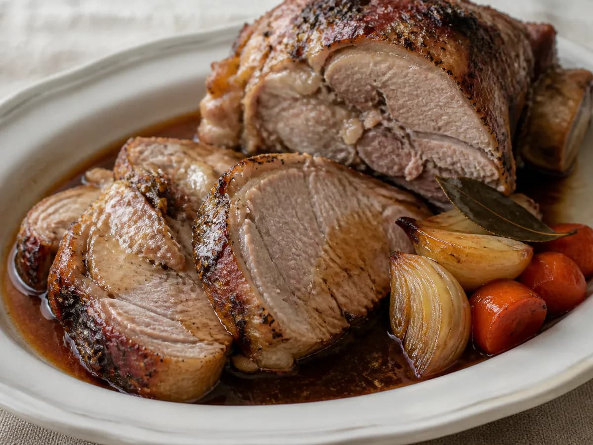 Pormenor de uma porção de Pernil Assado de Natal com Ervas e Vinho do Porto