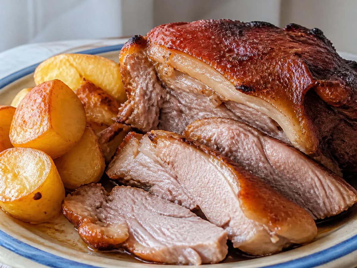 Pormenor de uma porção de Pernil de Porco Assado no Forno com Batatas