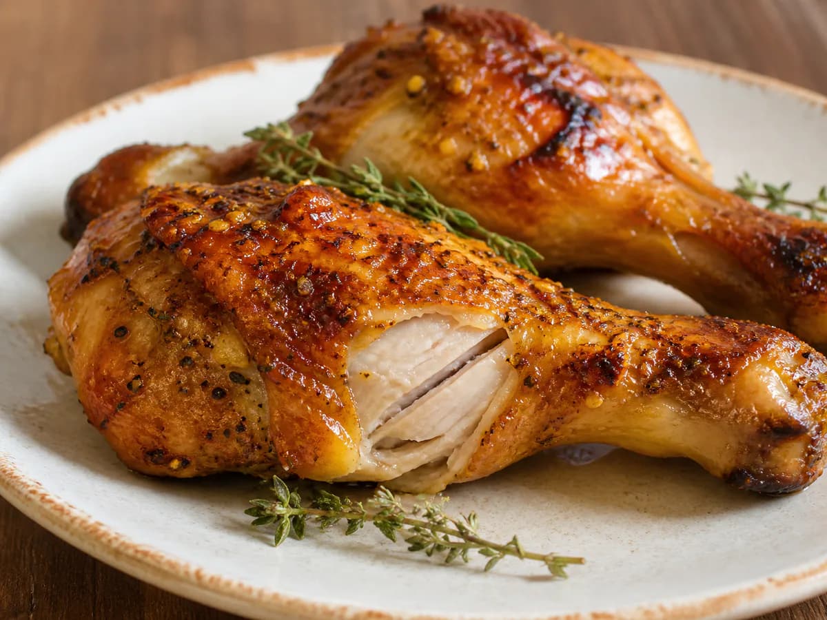 Pormenor de uma porção de Perninhas de Frango Assadas com Mel e Limão