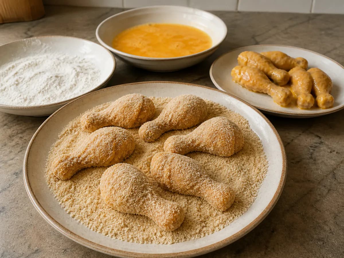Preparação de Perninhas de Frango Fritas à Portuguesa durante a confeção