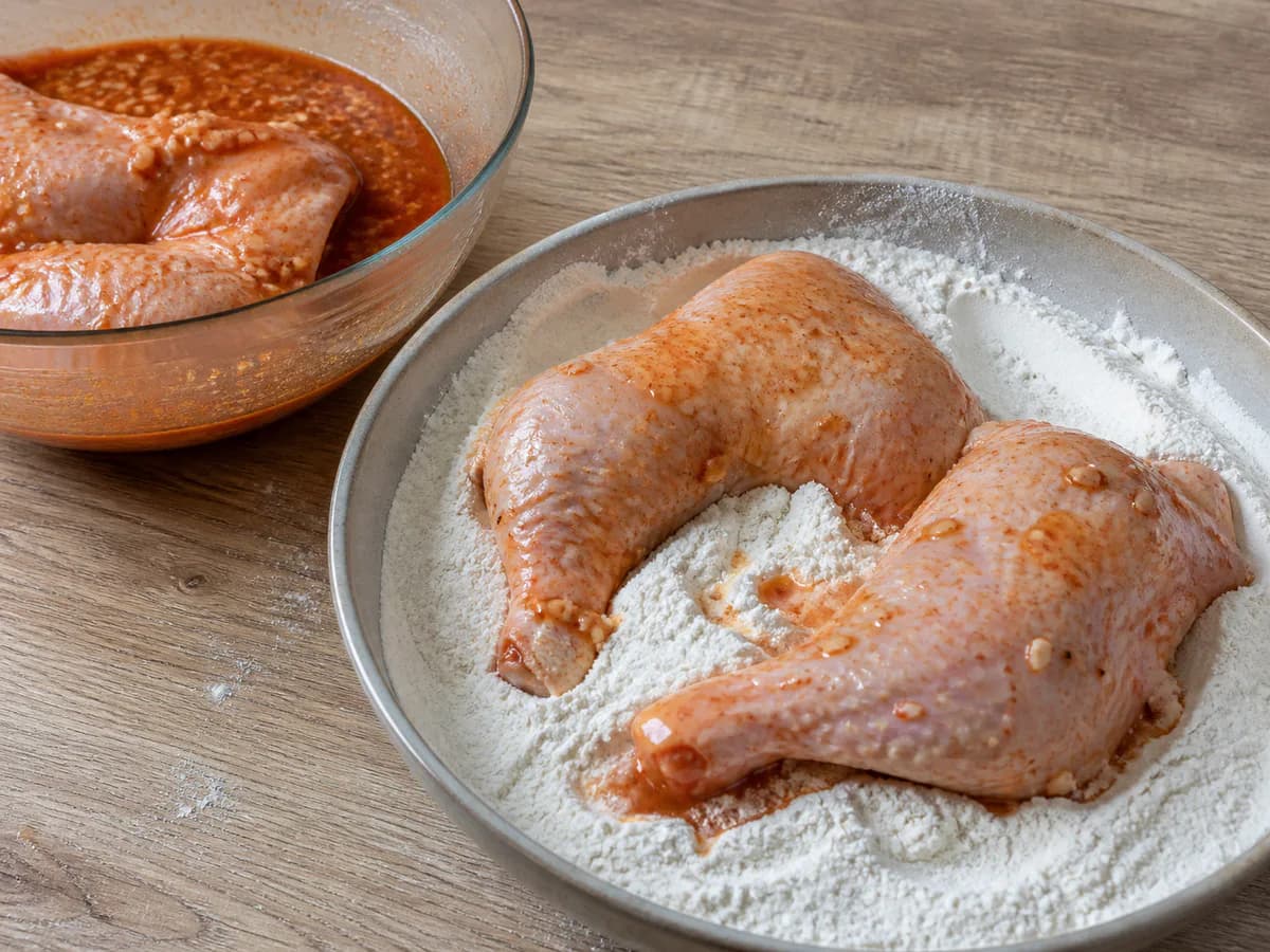 Preparação de Perninhas de Frango Fritas com Cerveja durante a confeção
