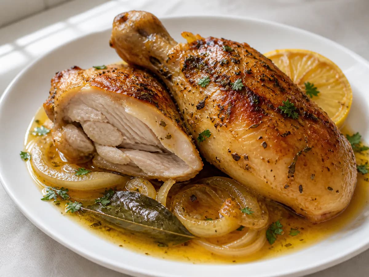 Pormenor de uma porção de Perninhas de Frango Assadas no Forno com Ervas e Limão