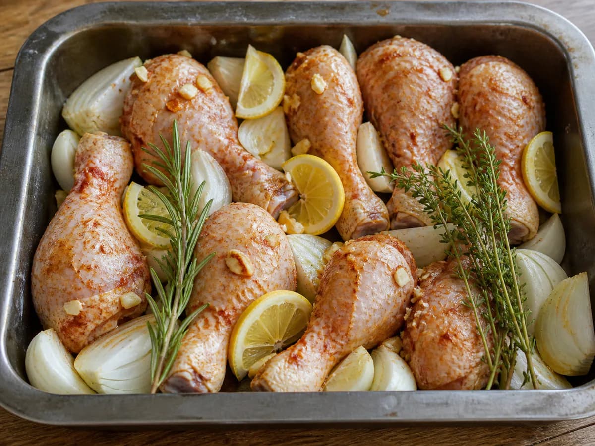 Preparação de Perninhas de Frango no Forno Muito Aromaticas durante a confeção
