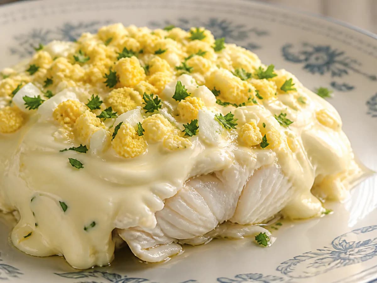 Pormenor de uma porção de Pescada com Maionese Clássica