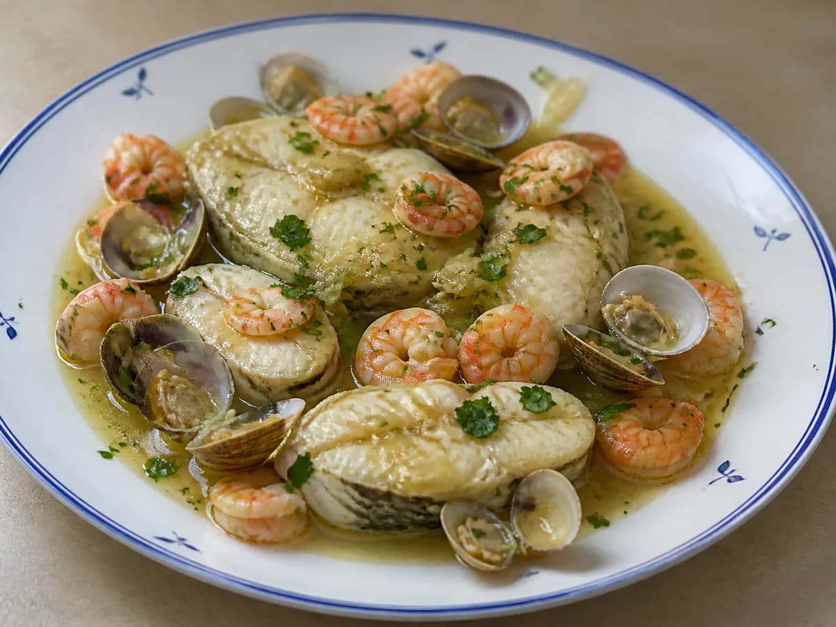 Pescada com Molho de Ameijoas e Camarão