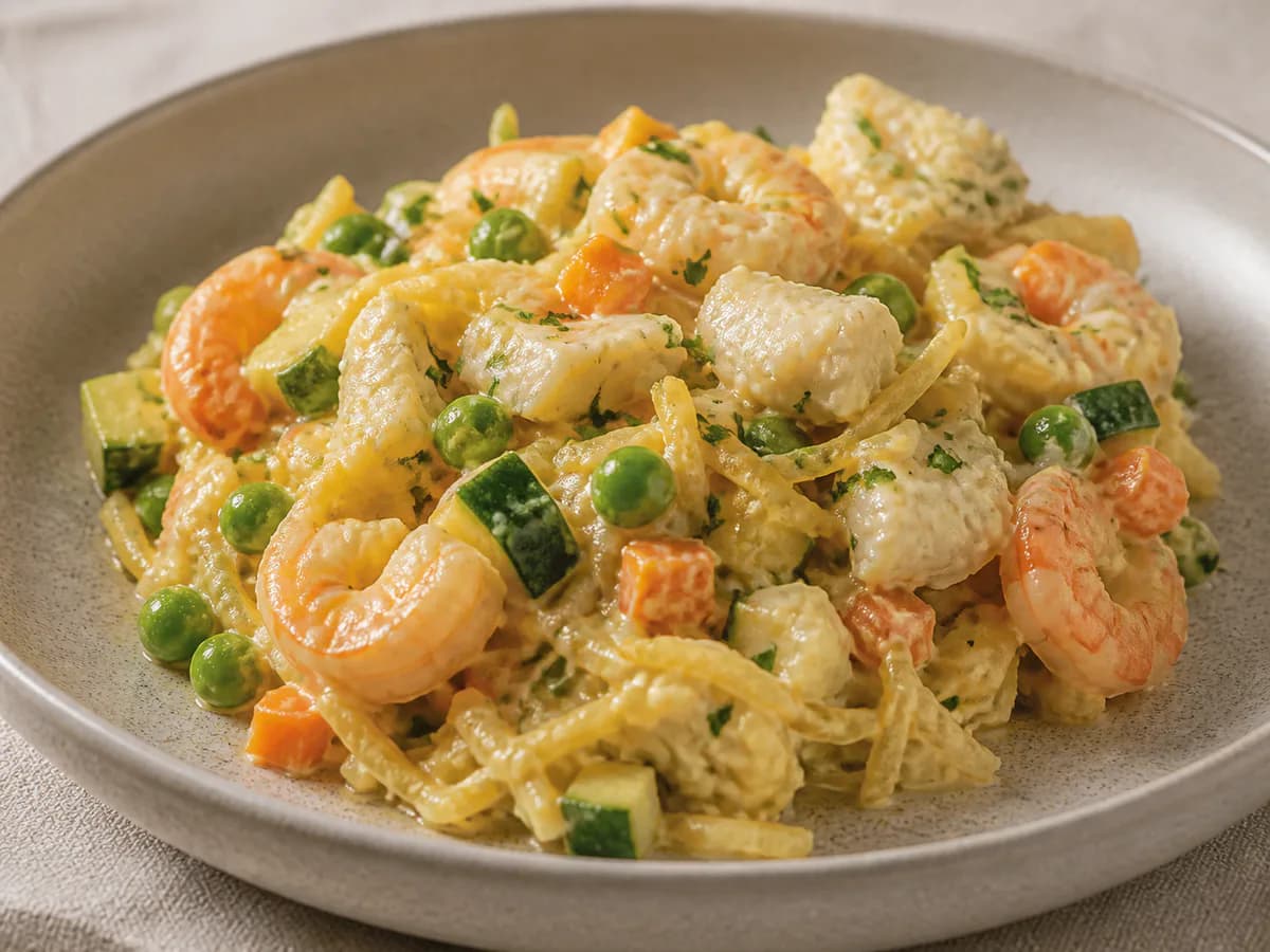 Pormenor de uma porção de Pescada e Camarões à Brás com Legumes