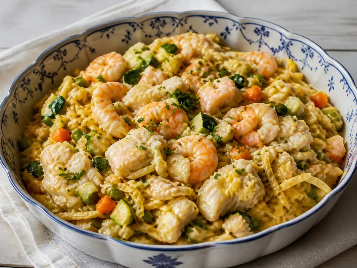 Pescada e Camarões à Brás com Legumes