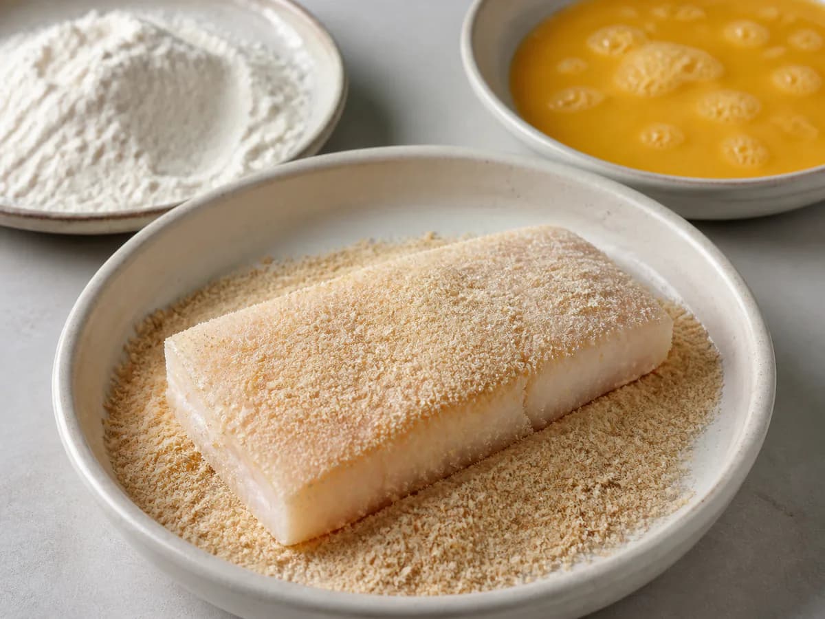 Preparação de Pescada Frita à Portuguesa durante a confeção