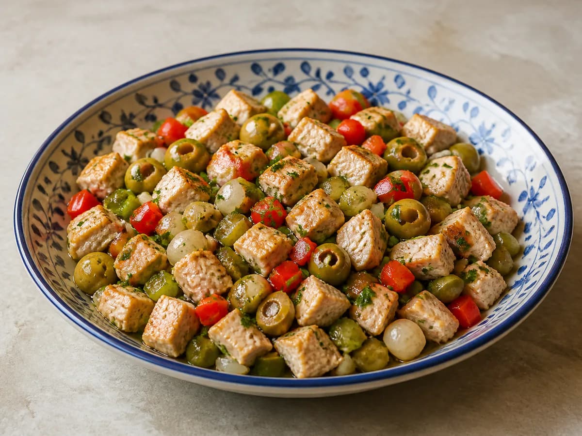 Pica Pau de Frango Grelhado com Pickles e Azeitonas Verdes