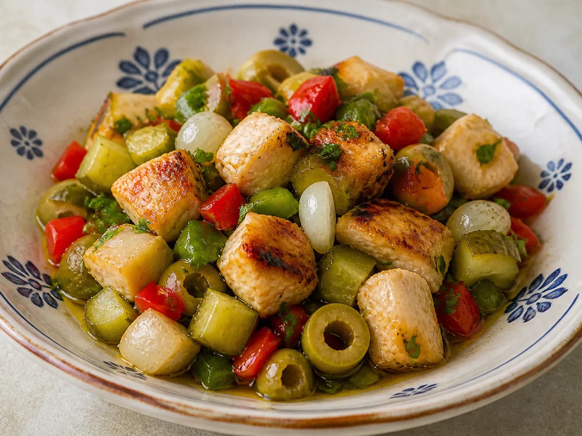 Pormenor de uma porção de Pica Pau de Frango Grelhado com Pickles e Azeitonas Verdes
