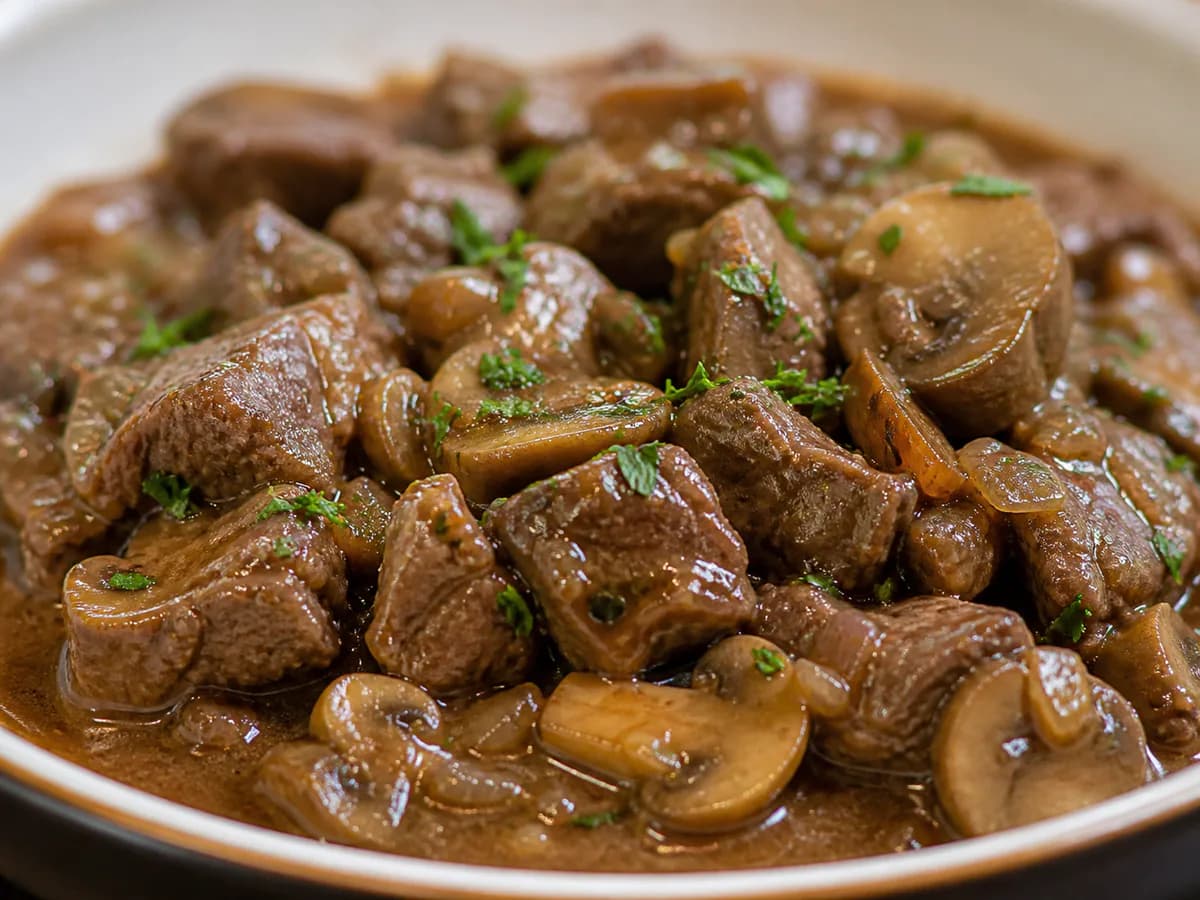 Pormenor de uma porção de Picadinho da Madeira com Cogumelos