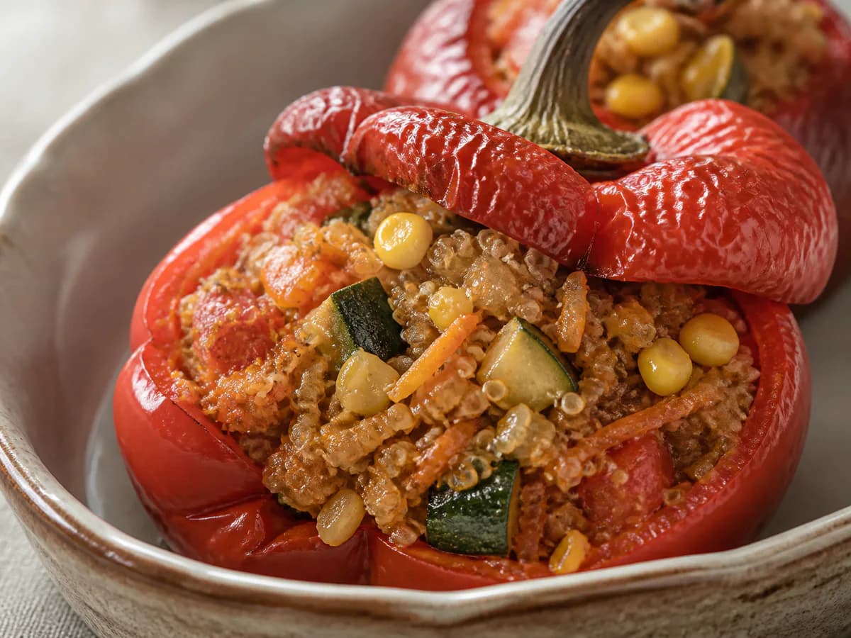 Pormenor de uma porção de Pimentos Vermelhos Recheados Com Quinoa e Legumes